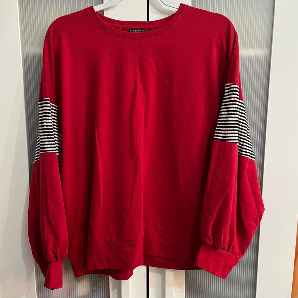 Women’s Red puffer long sleeve with striped band on sleeves